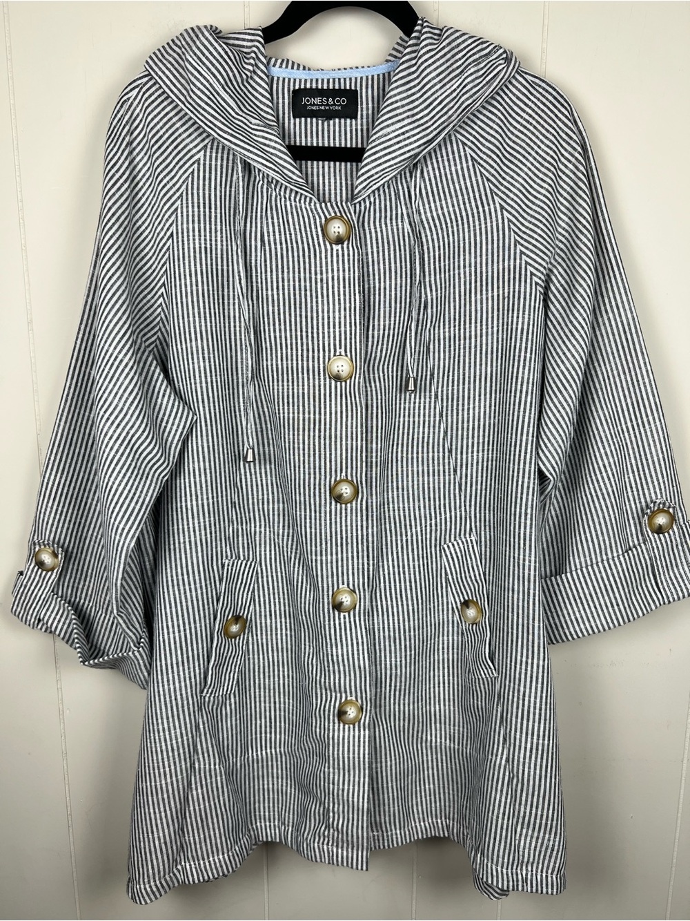Linen Blend Striped Button Frontโ Hooded Jacket Coastal Nautical Fisherman